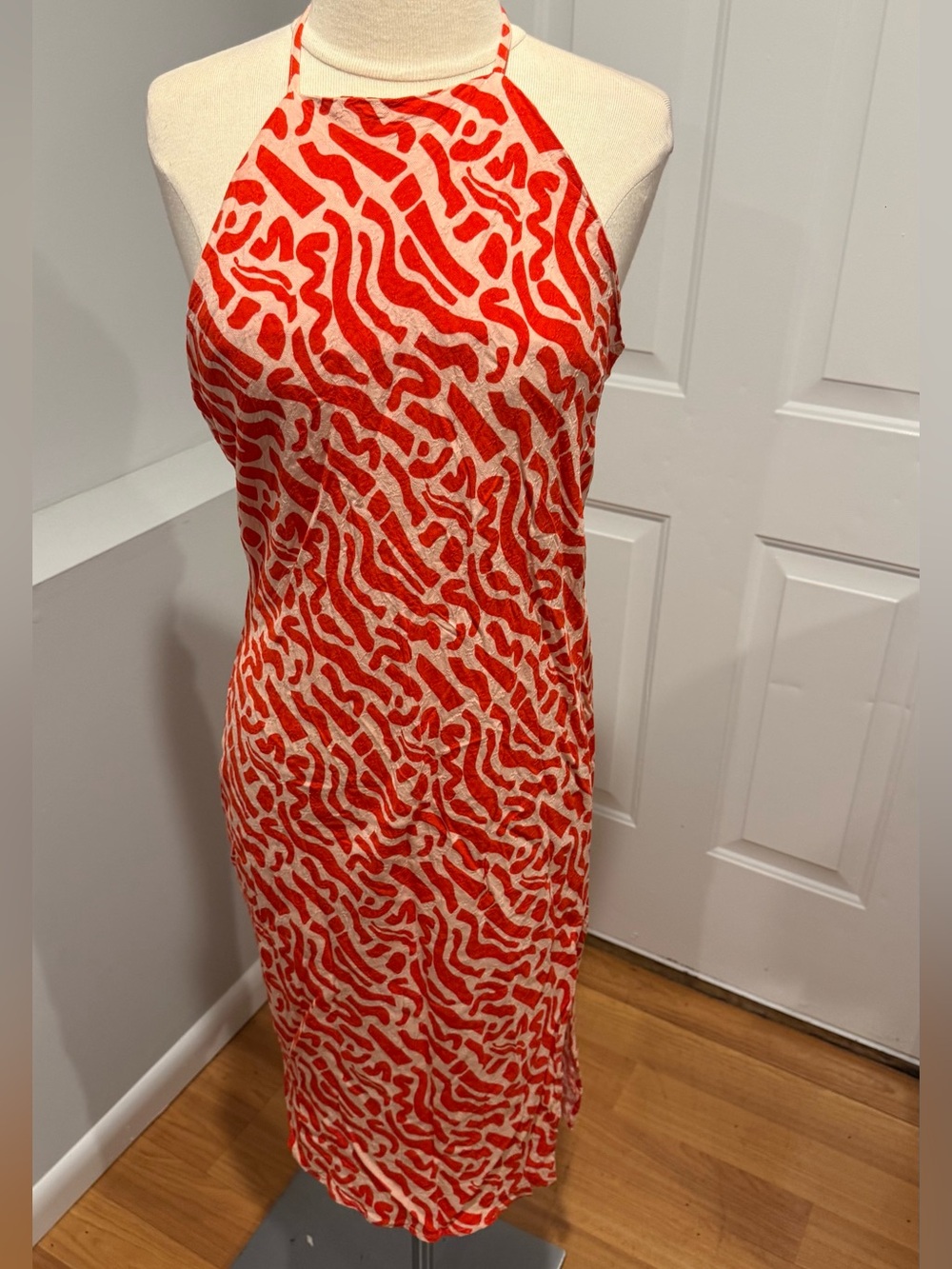 Halter Midi Dress in Red and Cream — Modern Abstract Print (46)
